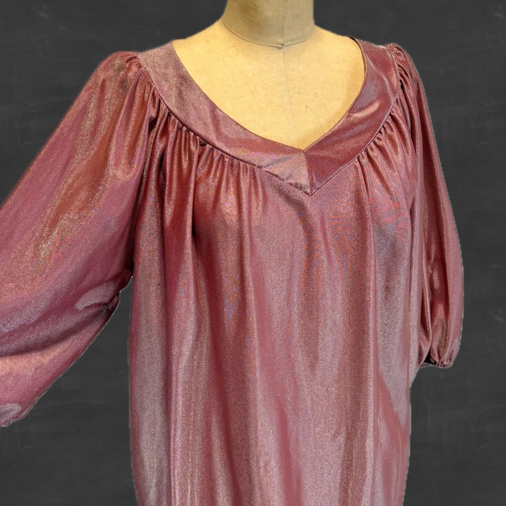 VINTAGE 70s raspberry shiny metallic‎ blousy shirt puff sleeve v neck party glam